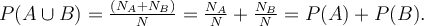 P(A\cup B)=\frac{(N_A+N_B)}{N}=\frac{N_A}{N}+\frac{N_B}{N}=P(A)+P(B).